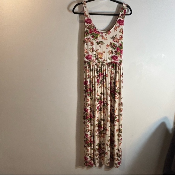 APRIL CORNELL Sz M Floral Pink Maxi Dress Jersey Knit Belted Unlined Scoop Neck - Picture 2 of 14